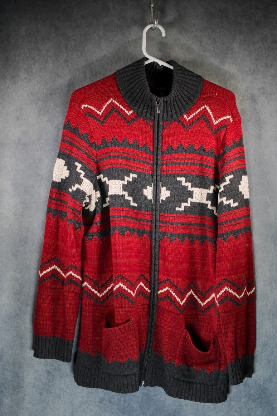 Chaps Denim Fair Isle Full Zip Mock Neck Cardigan Sweater Red Gray XL